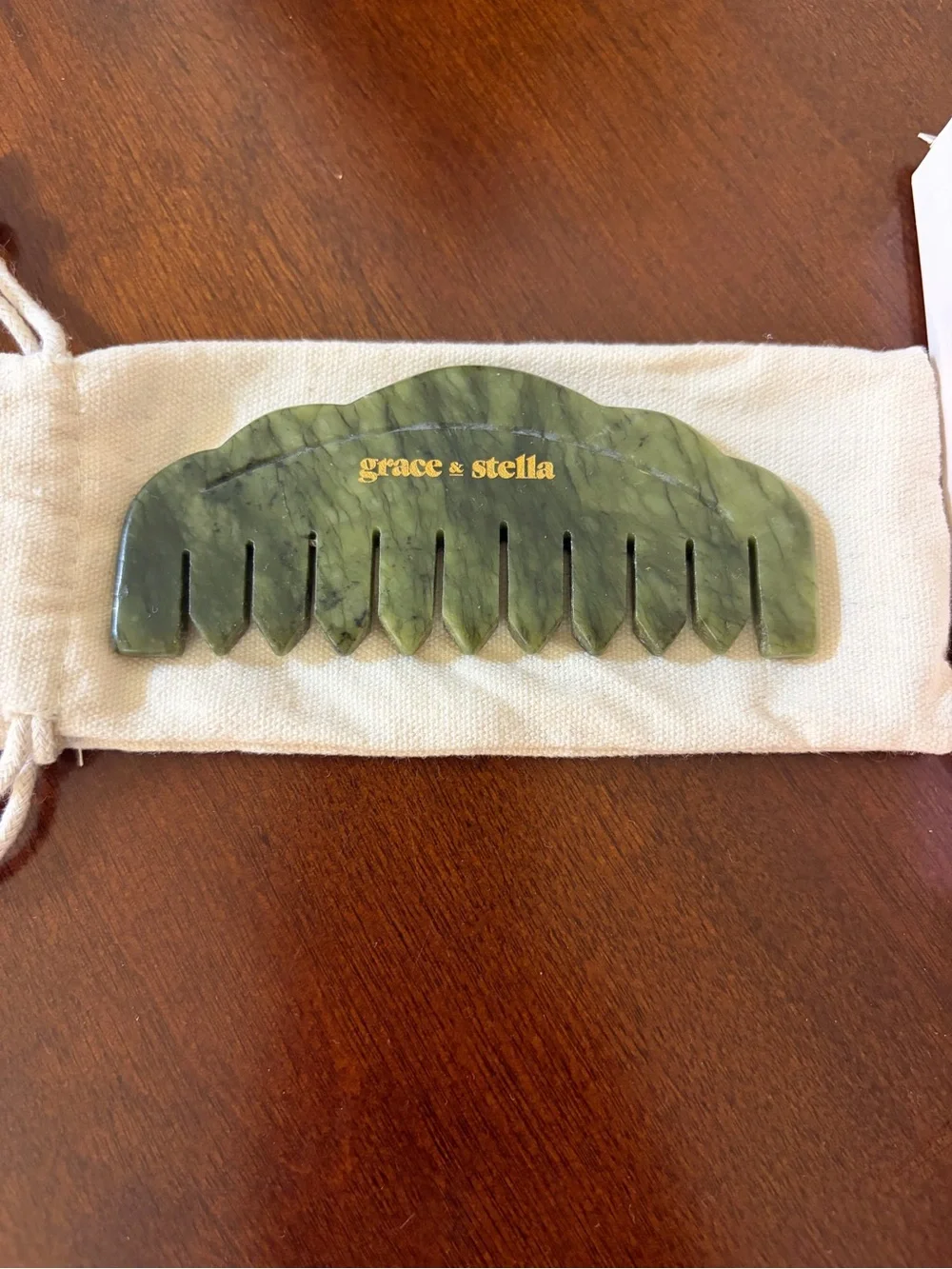grace & stella Green Jade Wide-Tooth Scalp Massage Comb with Gold Logo